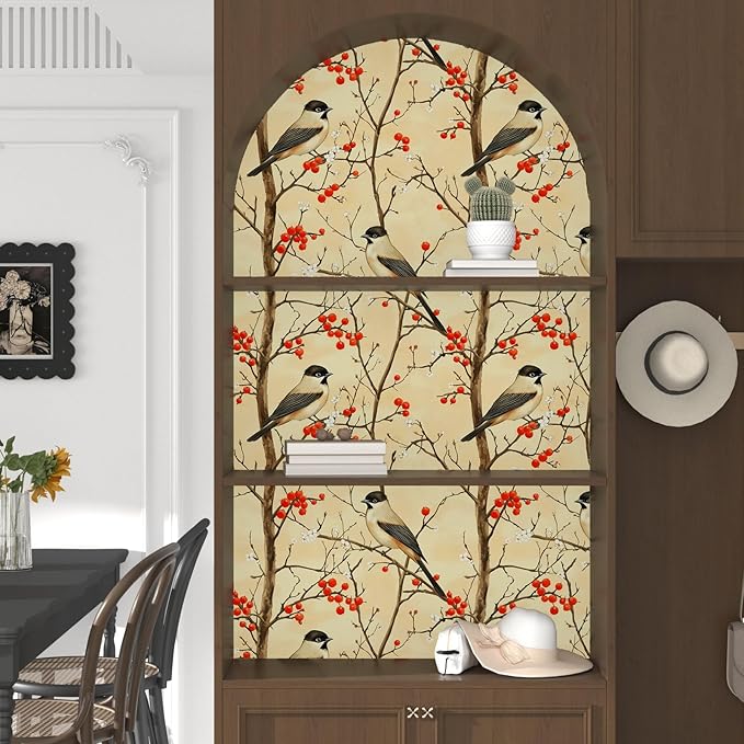 Vintage Bird Wallpaper Peel and Stick, Yellow/Red Botanical Fruits Contact Paper, Retro Floral Wall Paper Self Adhesive Removable Waterproof for Bedroom Walls Shelves Cabinet Drawer Table 17.5" x 118"