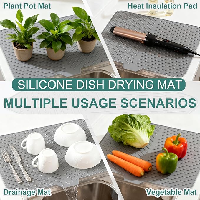 Silicone Dish Drying Mat 23x17 Multiple Usage,Easy clean,Eco-friendly,Heat-resistant Silicone Mat Dish Drying Mats For Kitchen Counter or Sink,Refrigerator or Drawer liner Gray 23inchx17inch