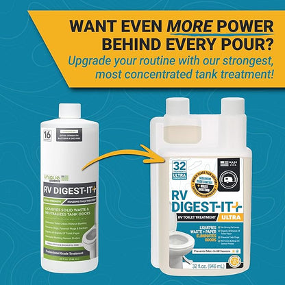 Unique RV Digest-It+, 16 Extra-Strength RV Toilet Treatments - Liquifies Waste and Toilet Paper - Odor Eliminator (32 oz)