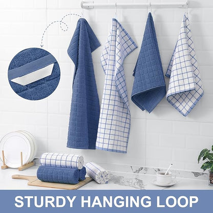Homaxy Premium Cotton Kitchen Towels 16"x 28", Large Natural Ring Spun 390 GSM Dish Towels, Super Absorbent Terry Kitchen Hand Towels, Soft Tea Towels with Hanging Loop, Navy Blue Check, 12 Pack