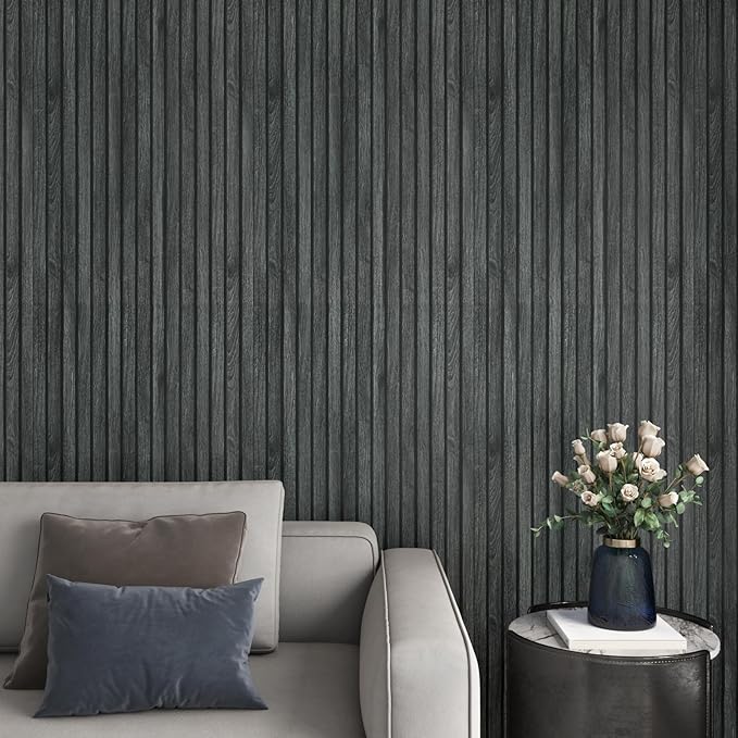 YENHOME Black Wood Wallpaper Peel and Stick Wallpaper Wood Slats Wallpaper 17.7"X200" Natural Faux Wood Panel Peel and Stick Wallpaper Removable Wood Grain Wallpaper for Furniture Bedroom Wall Paper