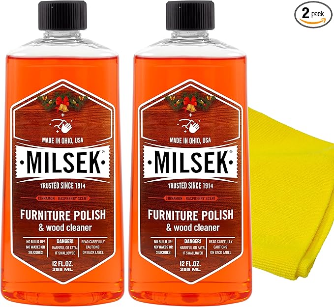 Milsek Furniture Polish and Wood Cleaner with Cinnamon Raspberry Scent - for Home and Household from Hardwood Floors to Kitchen Cabinets - 12 Fl Oz (Pack of 2) with Microfiber Towel