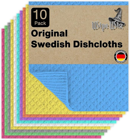 Swedish DishCloths - 10 Pack (Assorted), (German Material) Reusable Cellulose Sponge Cloth for Kitchen - Household, Highly Absorbent, No-Odor Dishcloth