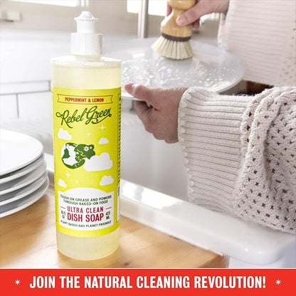 Rebel Green Super Deluxe Dish Soap - Natural Dishwashing Soap - Liquid Dish Detergent - Sustainable Dish Liquid Scented with Rose & Lemon - (16 oz Bottles, 2 Pack)