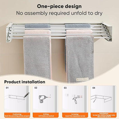 Clothes Drying Rack 31.5 inches Foldable Wall Mount Laundry Rack Folding Indoor Drying Rack Clothing Collapsible Hidden Space Saver with Wall Template 5 Rods White
