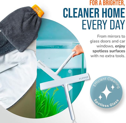 Flipper Dual-Action Squeegee and Microfiber Mitt – 2-in-1 Streak-Free Glass and Mirror Cleaning Tool for Windows, Shower Doors and Countertops – Reusable, Ergonomic, and Durable Design