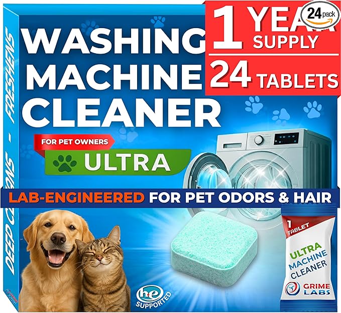 Washing Machine Cleaner Ultra – Pet Owners Edition | Deep Cleaning & Freshening | Removes Odors & Residue from Pet Laundry | Front & Top Load Washers HE Supported | 24 Tablets 1 Year Supply GRIME LABS