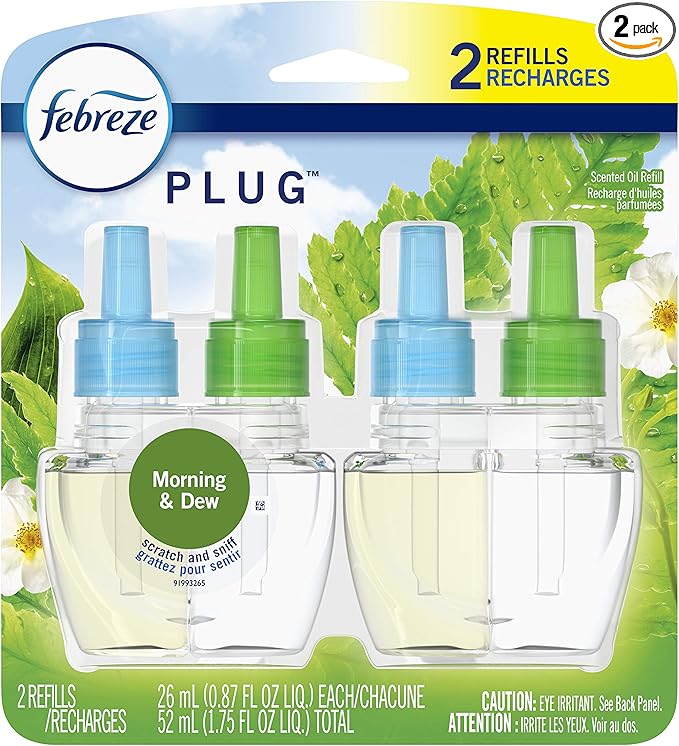 Febreze Plug in Air Freshener and Odor Fighter, Scented Oil Refill, Morning & Dew, 0.87 Fl Oz (Pack of 2)