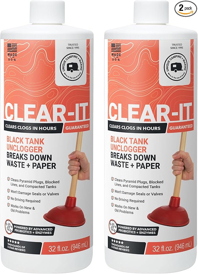 Unique Clear-It RV Black Tank Unclogger Liquid – Breaks Through Pyramid Plugs, Compacted Tanks & Clogged Pipes, 32 oz (2-Pack)