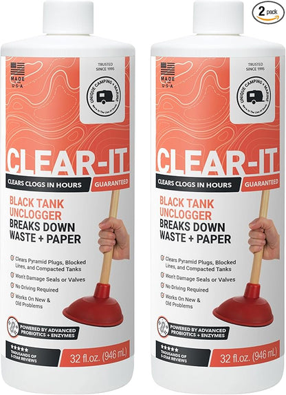 Unique Clear-It RV Black Tank Unclogger Liquid – Breaks Through Pyramid Plugs, Compacted Tanks & Clogged Pipes, 32 oz (2-Pack)