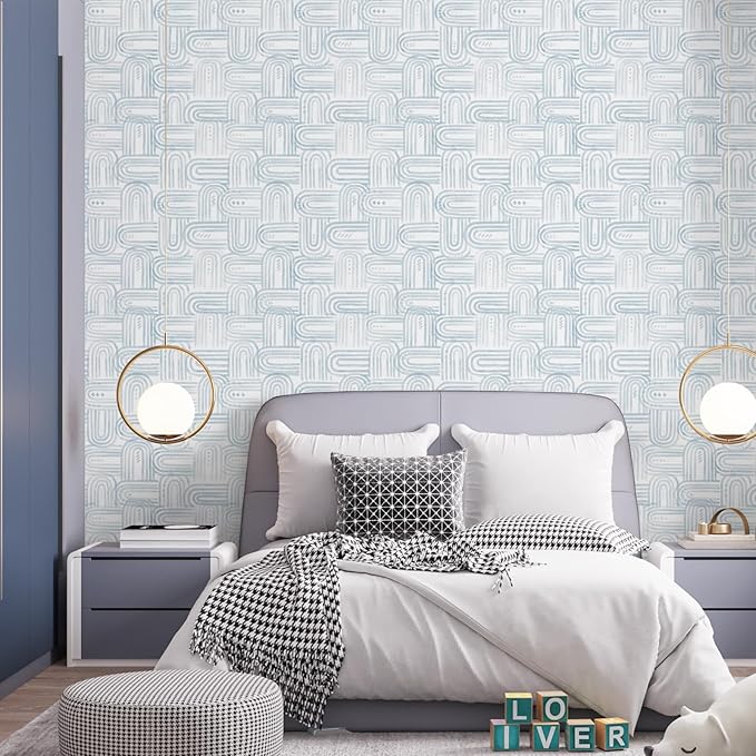 Modern Peel and Stick Wallpaper Light Blue Wallpaper 17.3" x 120" Boho Abstract Geometric Contact Paper Waterproof Wall Paper for Bedroom Cabinets Furniture Vinyl