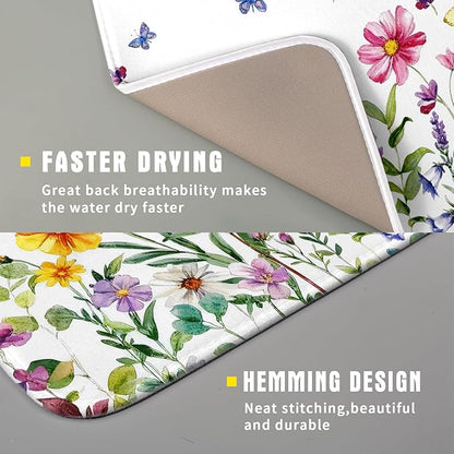 Wildflower Dish Drying Mat for Kitchen 18x16 Inch Colorful Floral Butterfly Drying Mat with Absorbent Reversible Microfiber Season Spring Dish Drainer Mats Rack Pad for Coffee Countertop Protector
