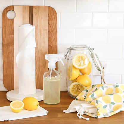 Esembly Paperless Towel Roll - Reusable Kitchen Towels 12-Pack Washable Cotton with Laundry Bag & Hook - Zero-Waste, Absorbent, Washable - Lemons