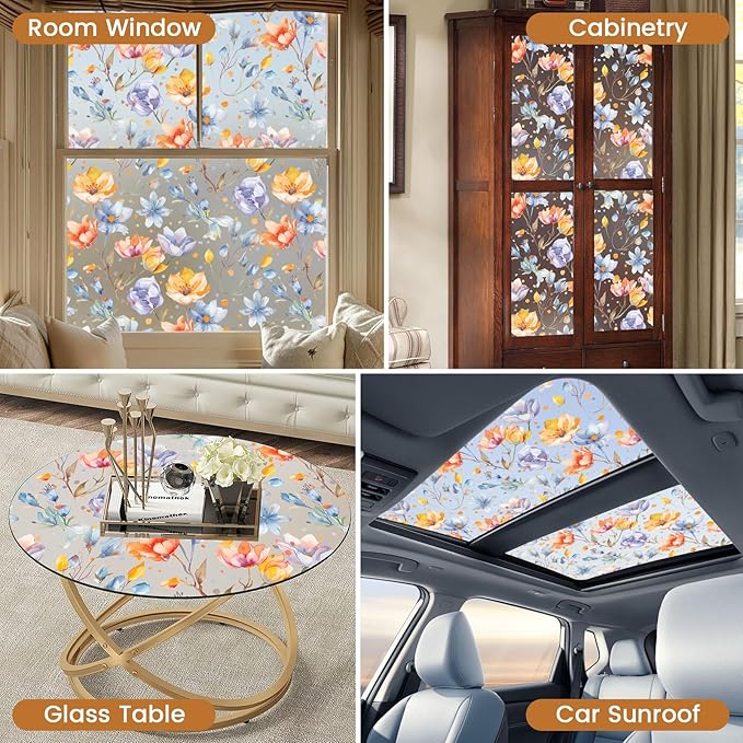 DKTIE Retro Floral Pattern Stained Glass Window Film Two-Way Privacy Day and Night Decorative Window Film Static Cling UV2 Print Technology (S647, 17.7in X 78.7in)