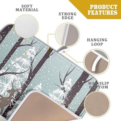 Winter Wildlife Deer Dish Drying Mat for Kitchen Counter,Xmas Landscape Snow Tree Ivory Drying Mat 16 x 18 Inch with High Absorbent Microfiber Drainer Mat for Coffee Bar