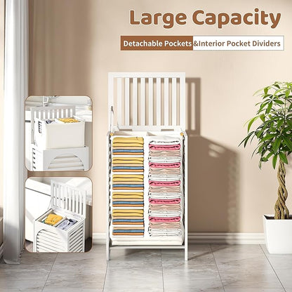 FILWH Laundry Hamper with Lid (16.9 * 13 * 26.5inches) Large Bamboo Laundry Bin Basket 85L Clothes Hamper with 1 Removable Bag Storage baskets for Bathroom (White)