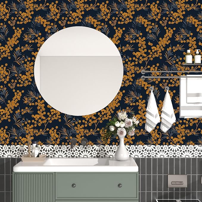Laatse Boho Wallpaper Peel and Stick Leaf Wallpaper for Kitchen Vintage Contact Paper 17.5" x 393" Waterproof Vinyl Self Adhesive Dark Floral Wall Paper for Bedroom Walls Cabinet Locker Decor