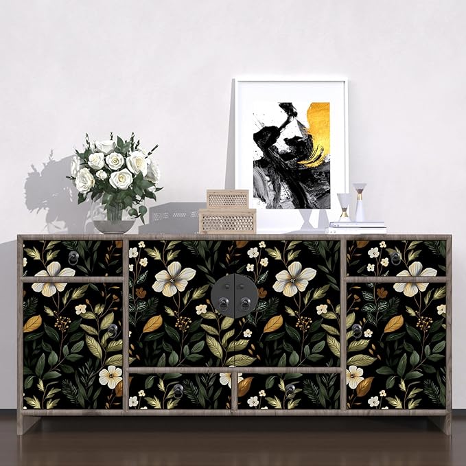 Laatse Green Wallpaper Peel and Stick Vintage Dark Black Floral Wallpaper Waterproof Self Adhesive Removable Boho Leaf Wall Paper Modern for Bedroom Walls Drawer Cabinet 17.5in x118in