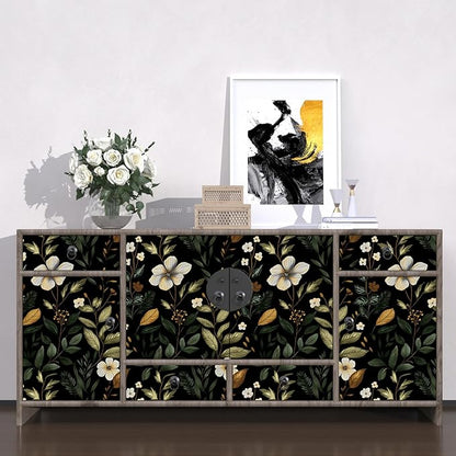 Laatse Green Wallpaper Peel and Stick Vintage Dark Black Floral Wallpaper Waterproof Self Adhesive Removable Boho Leaf Wall Paper Modern for Bedroom Walls Drawer Cabinet 17.5in x118in
