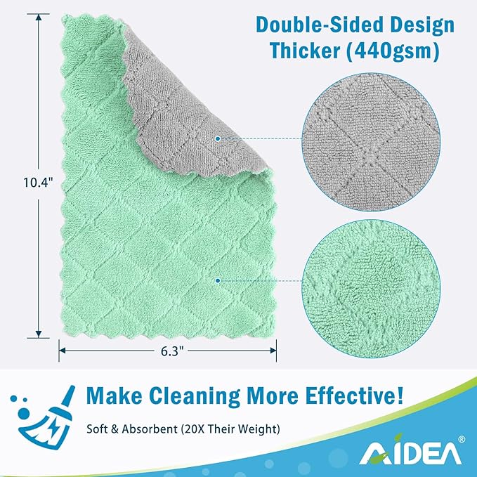 AIDEA Kitchen Towels, 12 Pack Absorbent Coral Fleece Dish Towels, No Odor Reusable Dish Cloths, Microfiber Cleaning Cloths, Fast Drying Dishcloths, 6.3" x10.4"