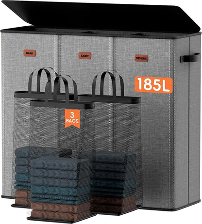 185L Laundry Hamper 3 Section, Laundry Hamper with Lid, Dirty Clothes Hamper with 3 Removable Washing Bags, Extra Large Laundry Basket Organizer for Bedroom, Laundry Room, Dorm - Gray