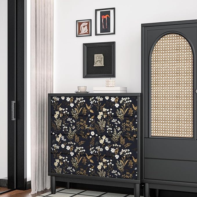 Laatse Dark Floral Wallpaper Peel and Stick 17.5in x 78.7in Navy Gold Leaf Wallpaper Vinyl Waterproof Self-Adhesive Dark Blue Botanical Wall Paper Mural for Bookcase Bedroom Cabinet Decor