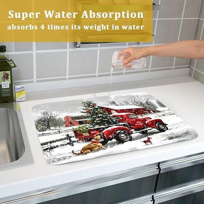 Red Truck Christmas Dish Drying Mat for Kitchen Counter 18x24 Inch Winter Xmas Tree Snowman Dog Print Absorbent Reversible Microfiber Drying Mats Kitchen Countertop Protector Dishes Drainer Rack Pad