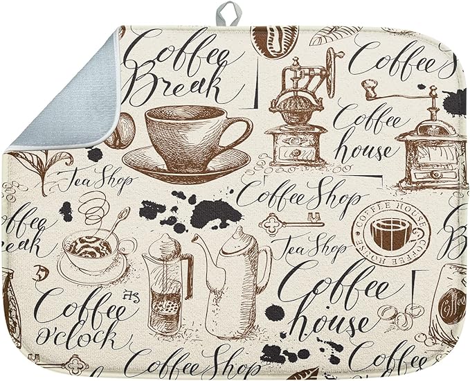 Sanwarm Absorbent Dish Drying Mat, Coffee House Microfiber Pad for Kitchen Counter, Coffee Bar Decor, Heat Resistant and Reversible, 16" x 18"