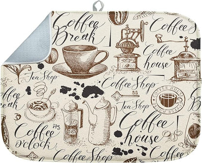 Sanwarm Absorbent Dish Drying Mat, Coffee House Microfiber Pad for Kitchen Counter, Coffee Bar Decor, Heat Resistant and Reversible, 16" x 18"