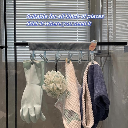 Travel Foldable Hangers Suitcase Drying Rack Sock Clothesline Hotel Laundry Bathroom Towel Hanger with 6 Clips (Gray)