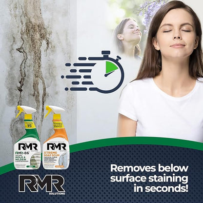 RMR Instant Mold & Mildew Stain Remover Spray + Xtreme Soap Scum Remover, No-Scrub Indoor/Outdoor Cleaning System for Bathroom, Shower, Siding, & Deck, 2–32 Oz Bottles