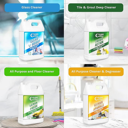 Hygea Natural Cleaning Starter Kit - 1 Gallon - Eco-Friendly Household Cleaners - Degreaser, All Purpose Cleaner, Glass Cleaner, & Tile and Grout Cleaner - Kids & Pet-Friendly (4 Pack)