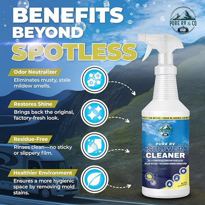 Shower Cleaner 32oz Spray - RV Bathroom Cleaner for Fiberglass & Plastic | Removes Hard Water Stains, Soap Scum & Mildew | Bleach-Free, Low Odor, Citrus Scent, Made in USA