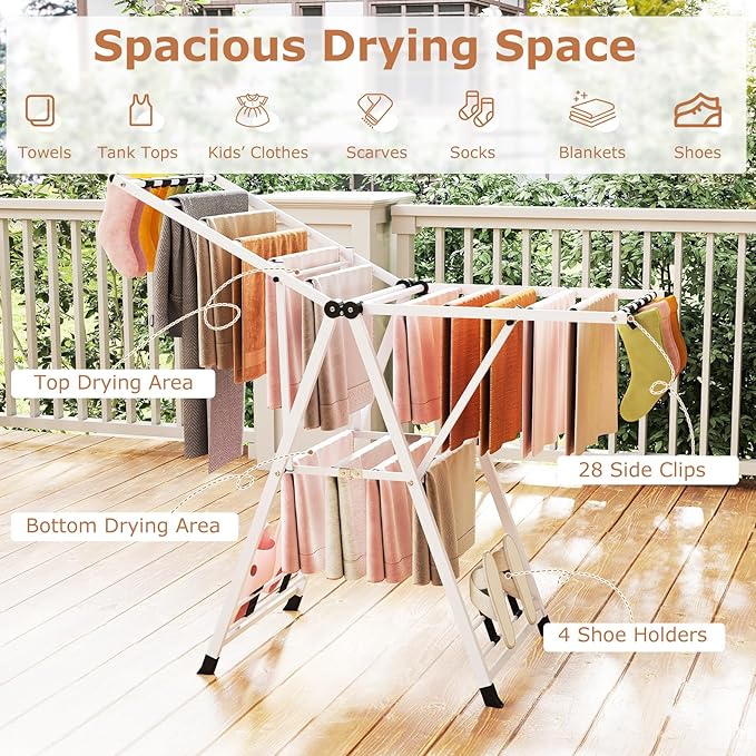 Giantex Clothes Drying Rack, Foldable Metal Laundry Drying Rack with Height Adjustable Wings, 16 Drying Rails, Sock Clips & Shoe Racks, Freestanding Clothing Stand for Indoor & Outdoor, White