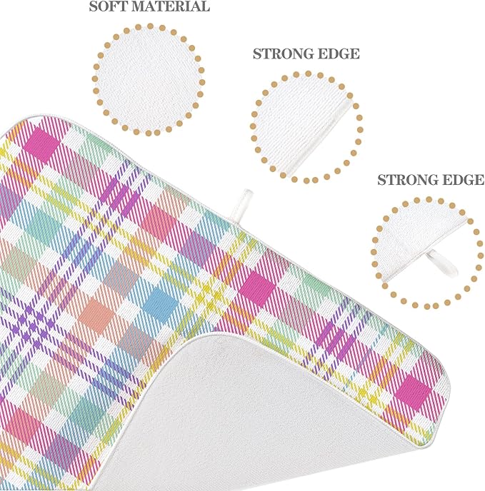Easter Checkered Dish Drying Mat 18x24 Inch Colorful Buffalo Plaid Drying Mat Gingham Spring Holiday Absorbent Dish Drying Pad Dish Rack Drainer Mats for Kitchen Dining Counter
