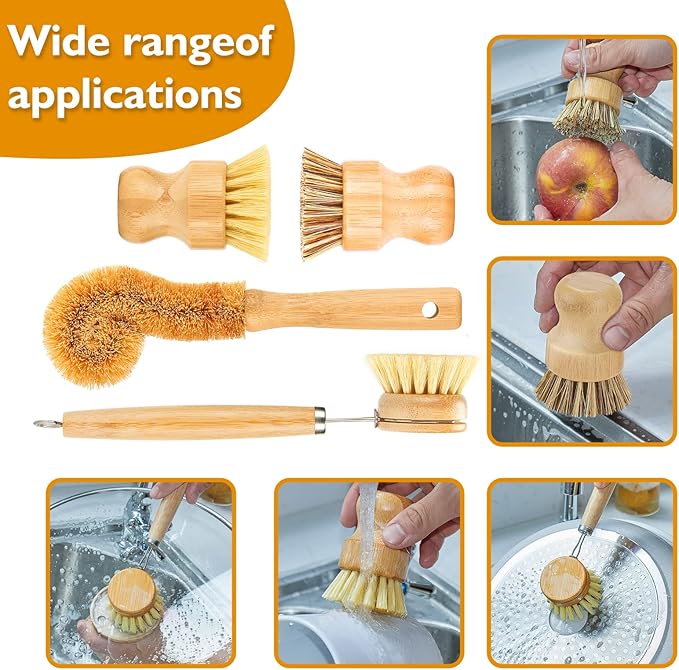 Bamboo Dish Brushes Sets 4 Tools in One Kitchen Clean Dish Scrubber for Pots Pans Bottles with Natural Bristles (Bamboo Brushes Sets)
