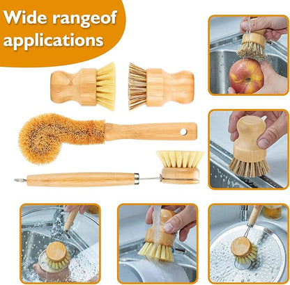 Bamboo Dish Brushes Sets 4 Tools in One Kitchen Clean Dish Scrubber for Pots Pans Bottles with Natural Bristles (Bamboo Brushes Sets)