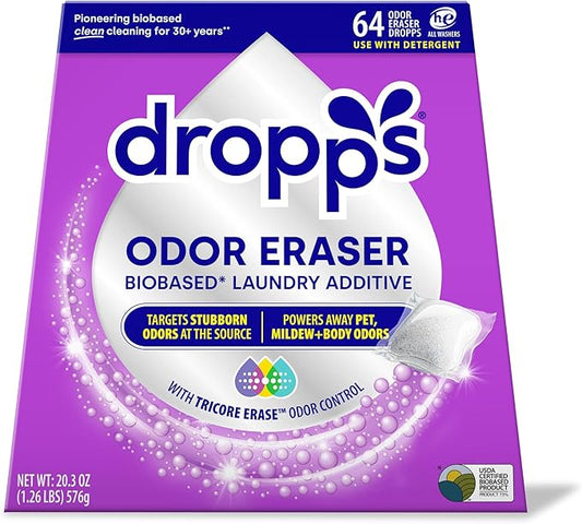 Dropps Odor Eraser Pods (64 Count) - Powered by TriCore Erase | Use With Detergent | Odor Remover | For Sweat, Musty Towels, Mildew, Pet & Body Odors | Clean Laundry Booster | Plastic-Free Packaging