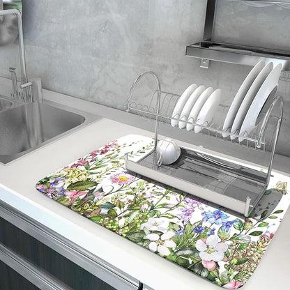 Aportt Spring Summer Floral Dish Drying Mat With Absorbent Reversible Microfiber Green Leaf Plants Flowers Drying Mats 18 x 24 Inch Dish Drainer Mat Fast Dry For Kitchen Dining Room