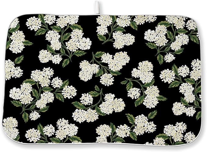 Black Hydrangea Dish Drying Mats 18x24 Inch Mats Spring Beige Green Floral Drying Mats Summer Vintage Flower Seasonal Absorbent Drying Dish Pad for Kitchen Dining Room Counter Decorations