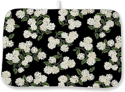 Black Hydrangea Dish Drying Mats 18x24 Inch Mats Spring Beige Green Floral Drying Mats Summer Vintage Flower Seasonal Absorbent Drying Dish Pad for Kitchen Dining Room Counter Decorations