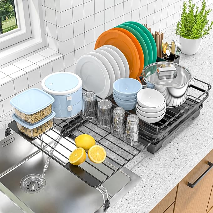 Expandable Dish Drying Rack,Rust-Proof Metal Dish Racks for Kitchen Counter with 360° Swivel Drain Spout,Space-Saving Dish Drainer with Utensil Holder for Small Apartment & Home Organization