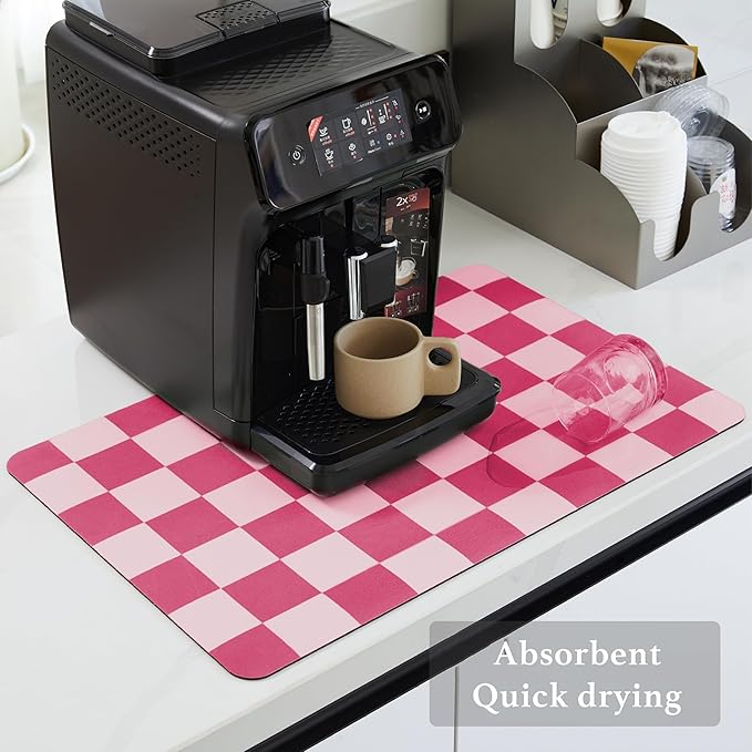 Ohocut Checkered Dish Drying Mat for Kitchen Counter, Coffee Bar Station Accessories, Retro Cute Aesthetic Modern Absorbent Drainer Mat Kitchen Drying Mat Easy Clean, Hot Pink 12" x 19"