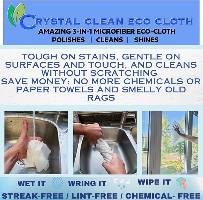 Crystal Clean Eco-Cloth Amazing Lint-Free/Streak-Free/Chemical-Free Microfiber Cloth for Windows & Glass/Mirrors Stainless Steel Appliances TV/Computer/ Tablets...5 in a Pack, White, 16''x16''
