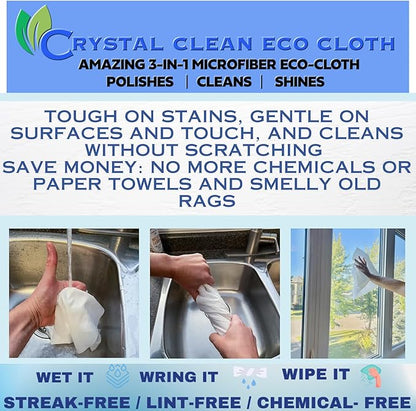 Crystal Clean Eco-Cloth Amazing Lint-Free/Streak-Free/Chemical-Free Microfiber Cloth for Windows & Glass/Mirrors Stainless Steel Appliances TV/Computer/ Tablets...5 in a Pack, White, 16''x16''
