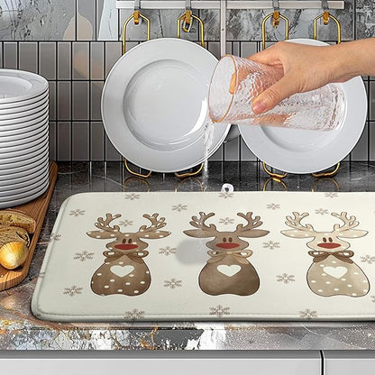 Christmas Reindeer Snowflakes Dish Drying Mat for Kitchen Counter 18x24 Inch Winter Xmas Holiday Drying Pads Microfiber Absorbent Dish Draining Mat Large Dish Drainer Rack Mat