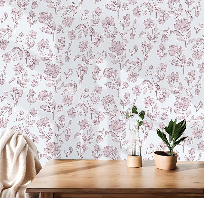 Timeet White and Pink Floral Wallpaper Peel and Stick Modern Removable Self-Adhesive Wall Paper for Bedroom Bathroom Vintage Contact Paper Vinyl Film 17In×78.7In