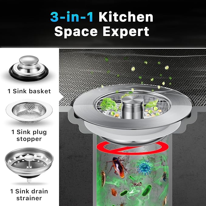 1S-Install Upgraded Kitchen Sink Strainer & Stopper – Pop-Up Fast Drain, Anti-Clog Basket & Deodorizing Cover – Fits US Standard 3.5 in Drain, 3 in 1 Stainless Steel Sink Drain Strainer