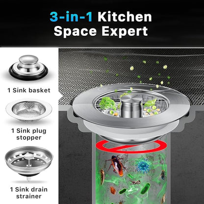 1S-Install Upgraded Kitchen Sink Strainer & Stopper – Pop-Up Fast Drain, Anti-Clog Basket & Deodorizing Cover – Fits US Standard 3.5 in Drain, 3 in 1 Stainless Steel Sink Drain Strainer