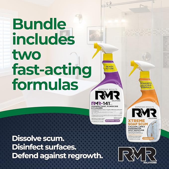 RMR Polish & Protect Bundle – Xtreme Soap Scum Remover + RMR-141 EPA Registered Mold & Mildew Spray, 2-Step Clean & Disinfect System for Buildup, Hard Water, Tile, Surfaces, Glass, 2–32 Oz Bottles